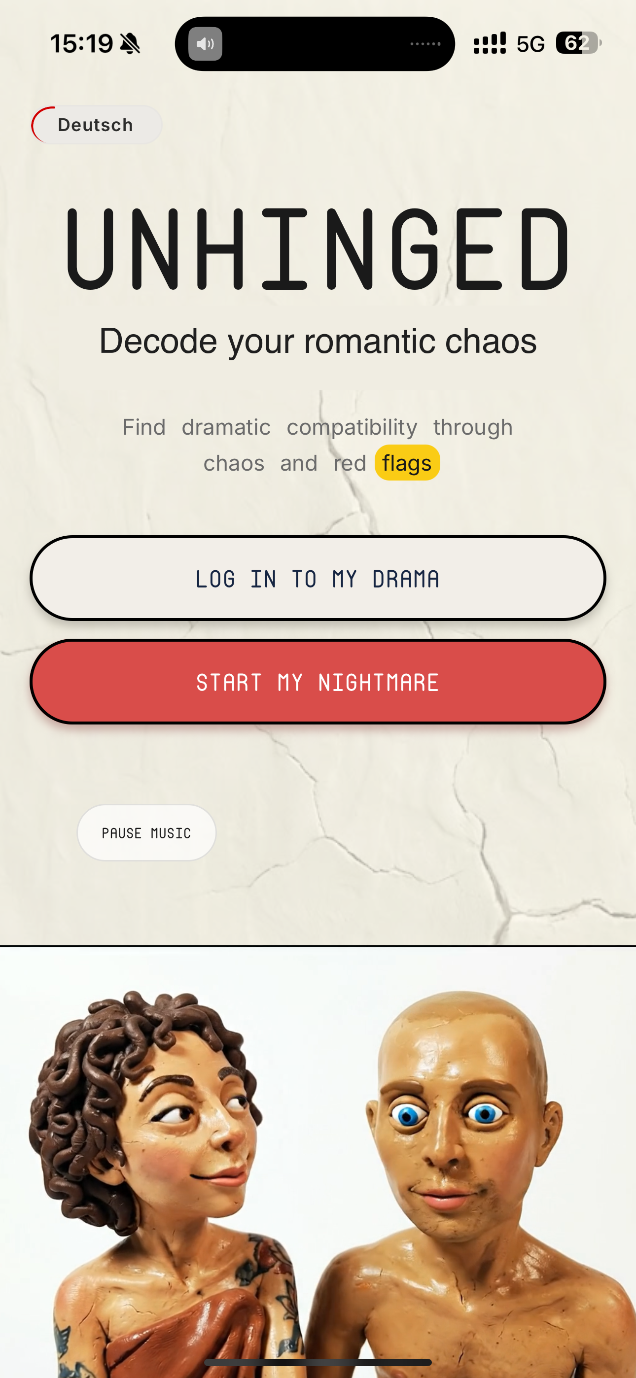 UNHINGED matchmaking app home screen with clay sculpture couple and Decode your romantic chaos tagline