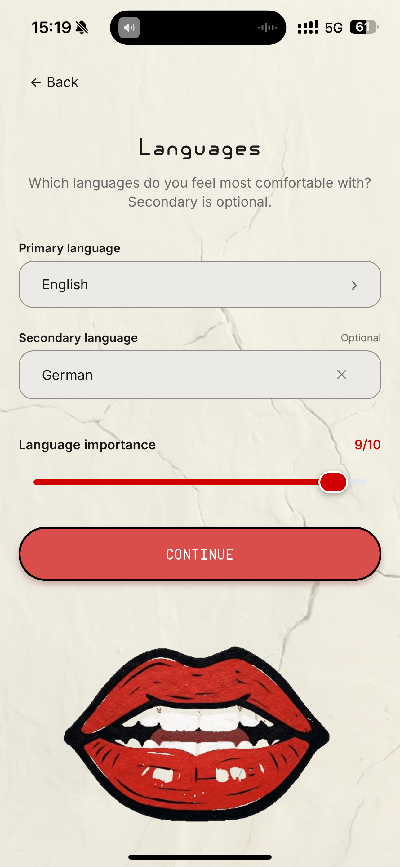 UNHINGED language preference selection screen with primary and secondary language options