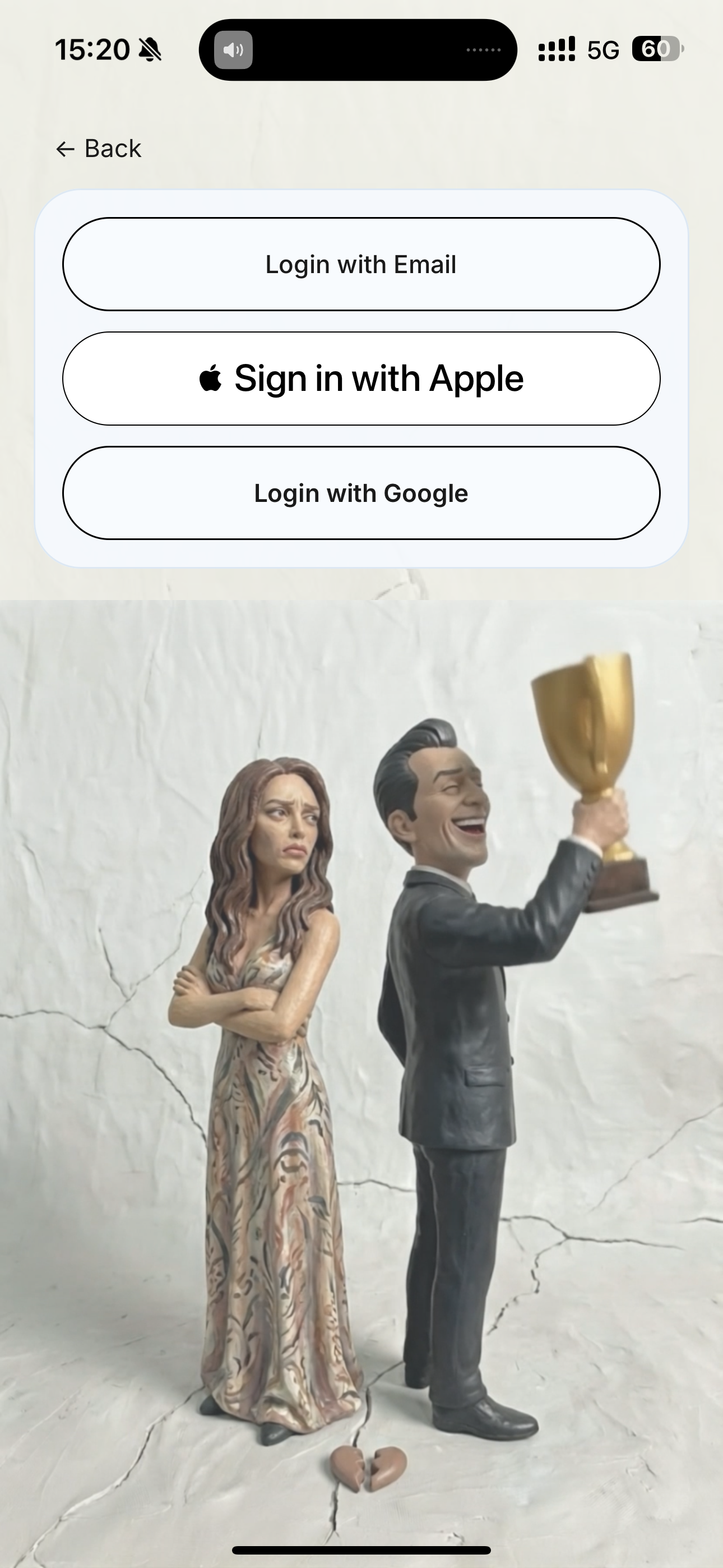 UNHINGED login screen with Email Apple and Google sign-in options with trophy clay figures