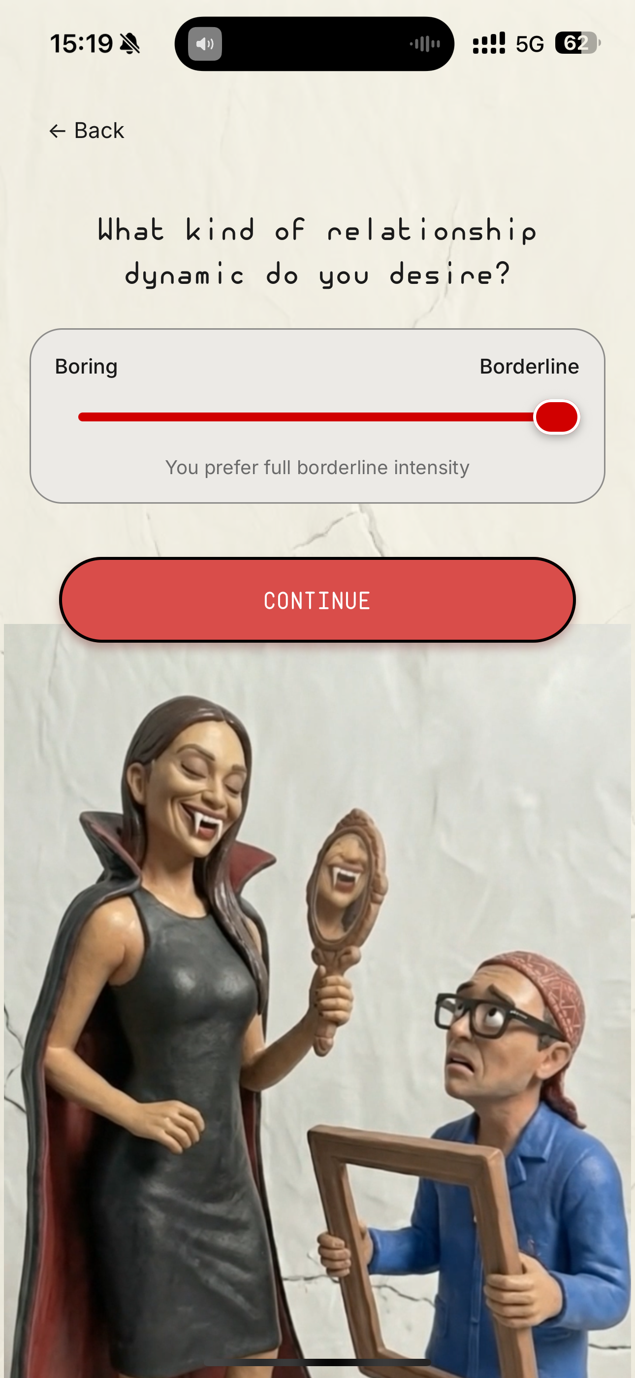 UNHINGED relationship dynamic slider from boring to borderline intensity with vampire clay figure