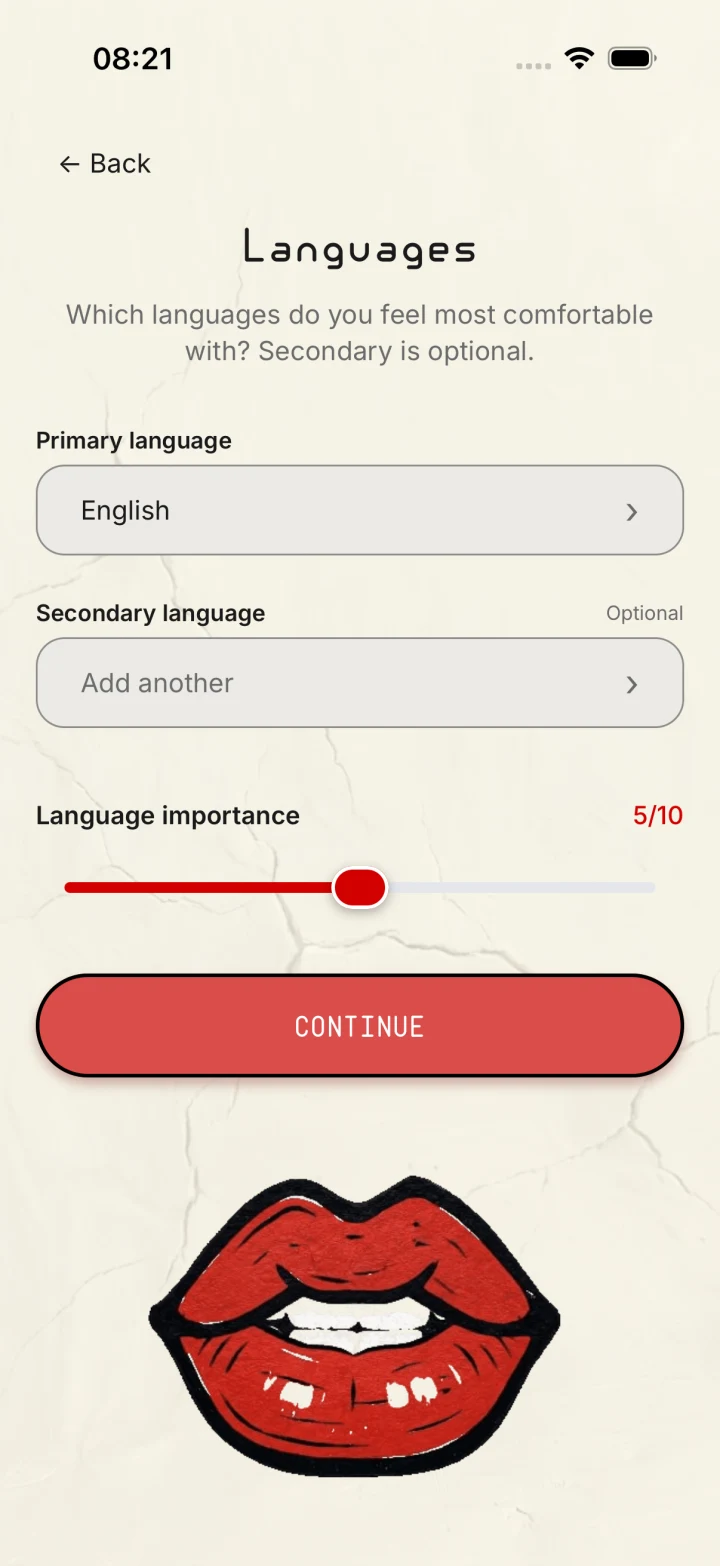 UNHINGED language preference screen