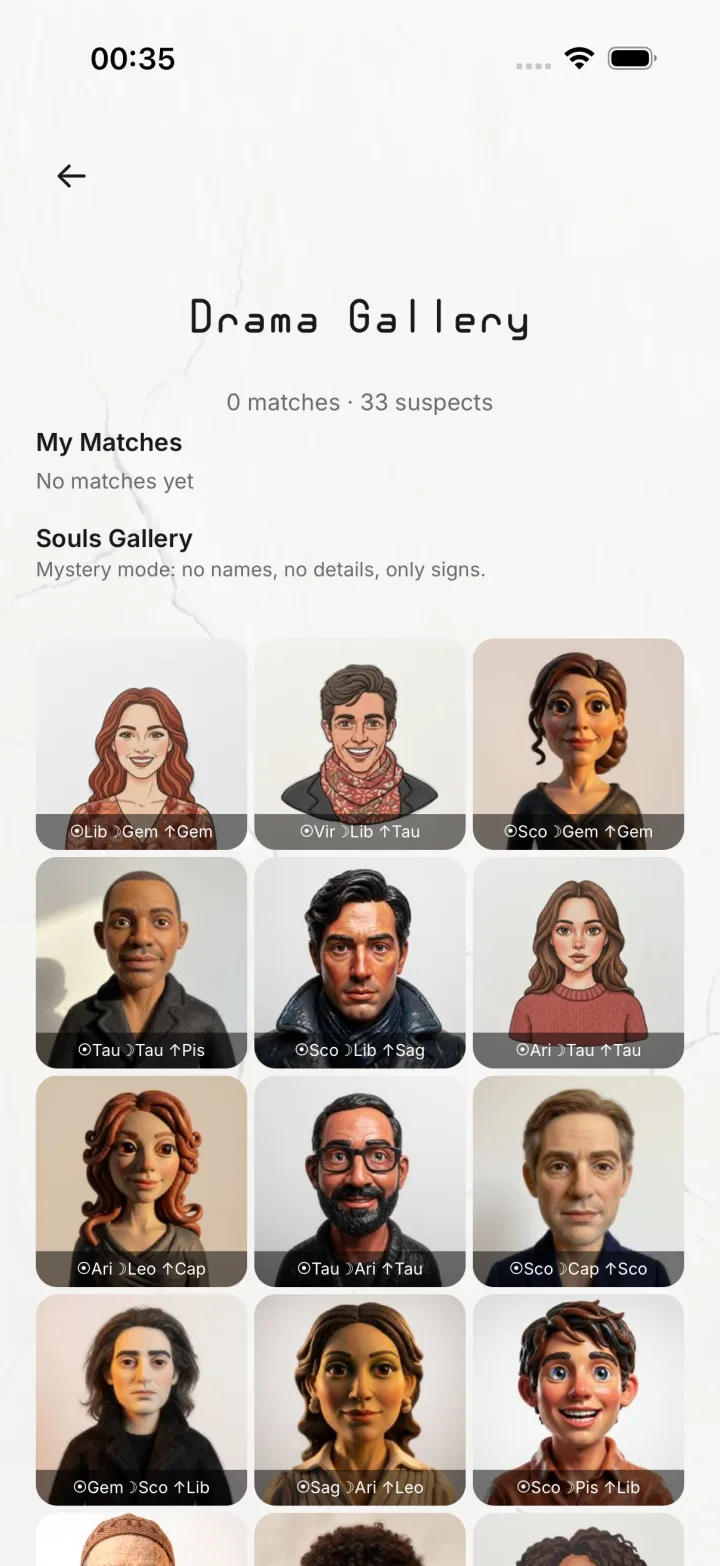UNHINGED Drama Gallery showing other users as chaos-match suspects with synthetic portraits